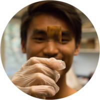 A male student examines a piece of polarized glass.